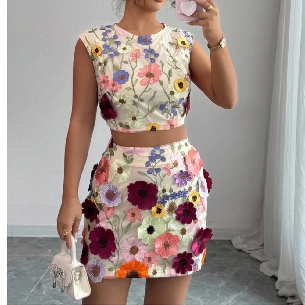 Boho Floral Embroidered Applique Sleeveless Cropped Top Mini Skirt Set S M L XL